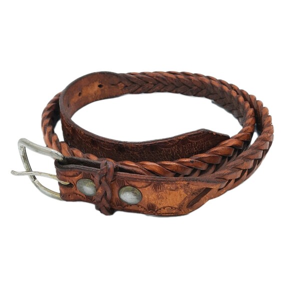 VTG Brown Hand Tooled Braided Woven Leather Belt Silver Buckle Western Boho - Picture 1 of 4